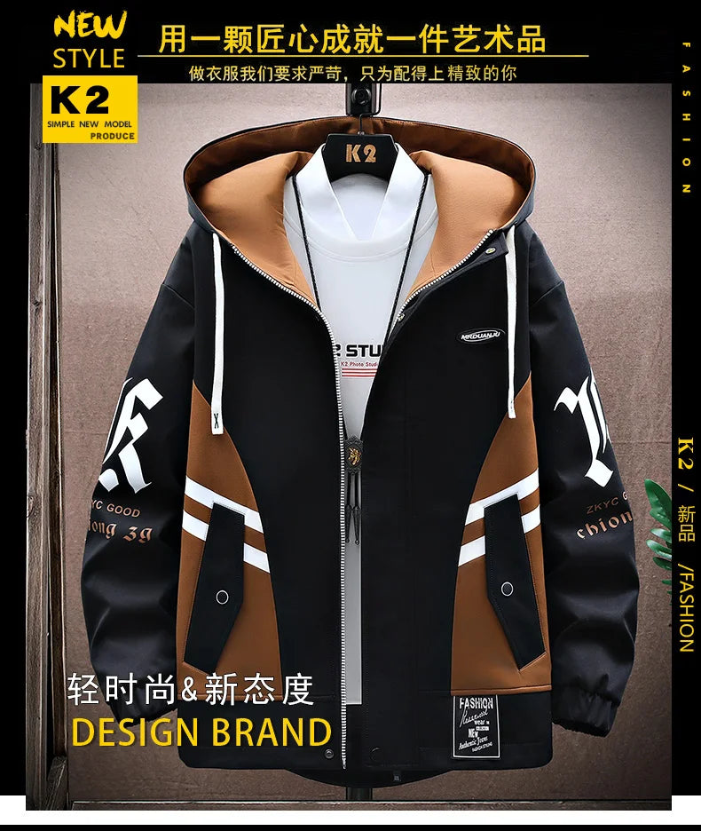 Men's Casual Hooded Jackets Autumn Patchwork Thin Coats Outwear Top Windbreaker Streetwear Clothing Plus Size