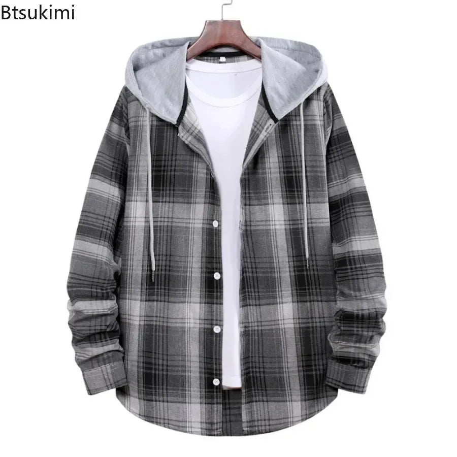 New 2026 Men's Plaid Hooded Shirts Loose Casual Men Jacket Shirt Comfortable Long Sleeve Sport Hooded Coats Men's Daily Clothing