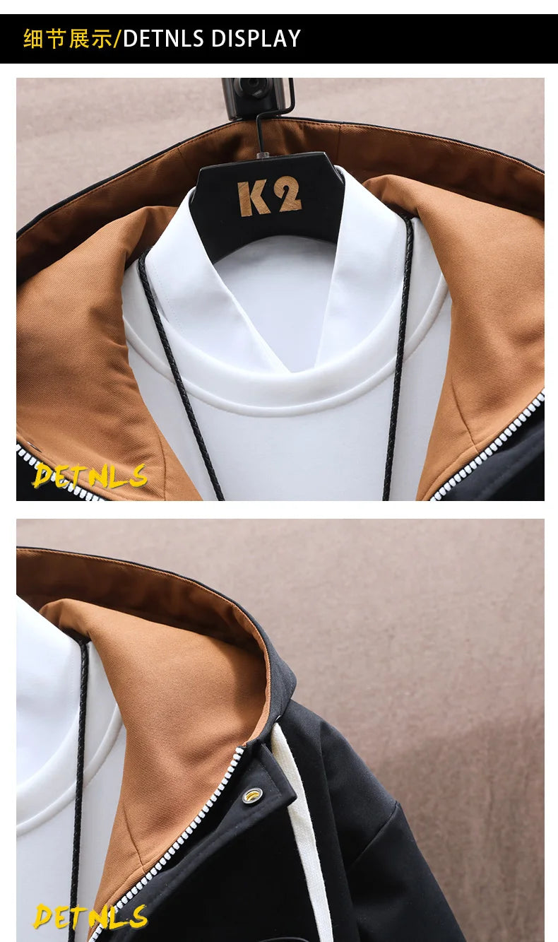 Men's Casual Hooded Jackets Autumn Patchwork Thin Coats Outwear Top Windbreaker Streetwear Clothing Plus Size