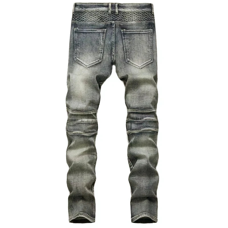 New Men's Patchwork Vintage Biker Jeans Hip Hop Slim Straight Elastic Cycling Denim Pants Male Fashion Streetwear Trouser