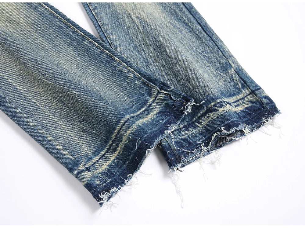 Men Letters Patch Embroidery Denim Jeans Streetwear Release Hem Distressed Pants Retro Vintage Blue Slim But Cut Flared Trousers