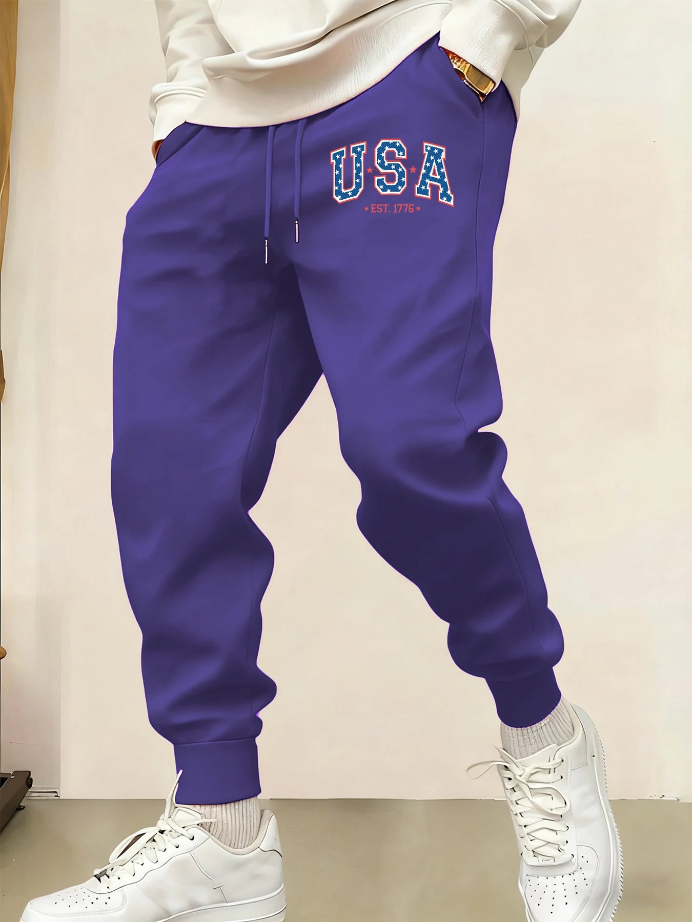 Creative Usa Est 1776 Letter Print Pocket Sweatpants Men Casual Autumn Sportpants Trendy Fleece Long Pants Comfy Warm Trousers