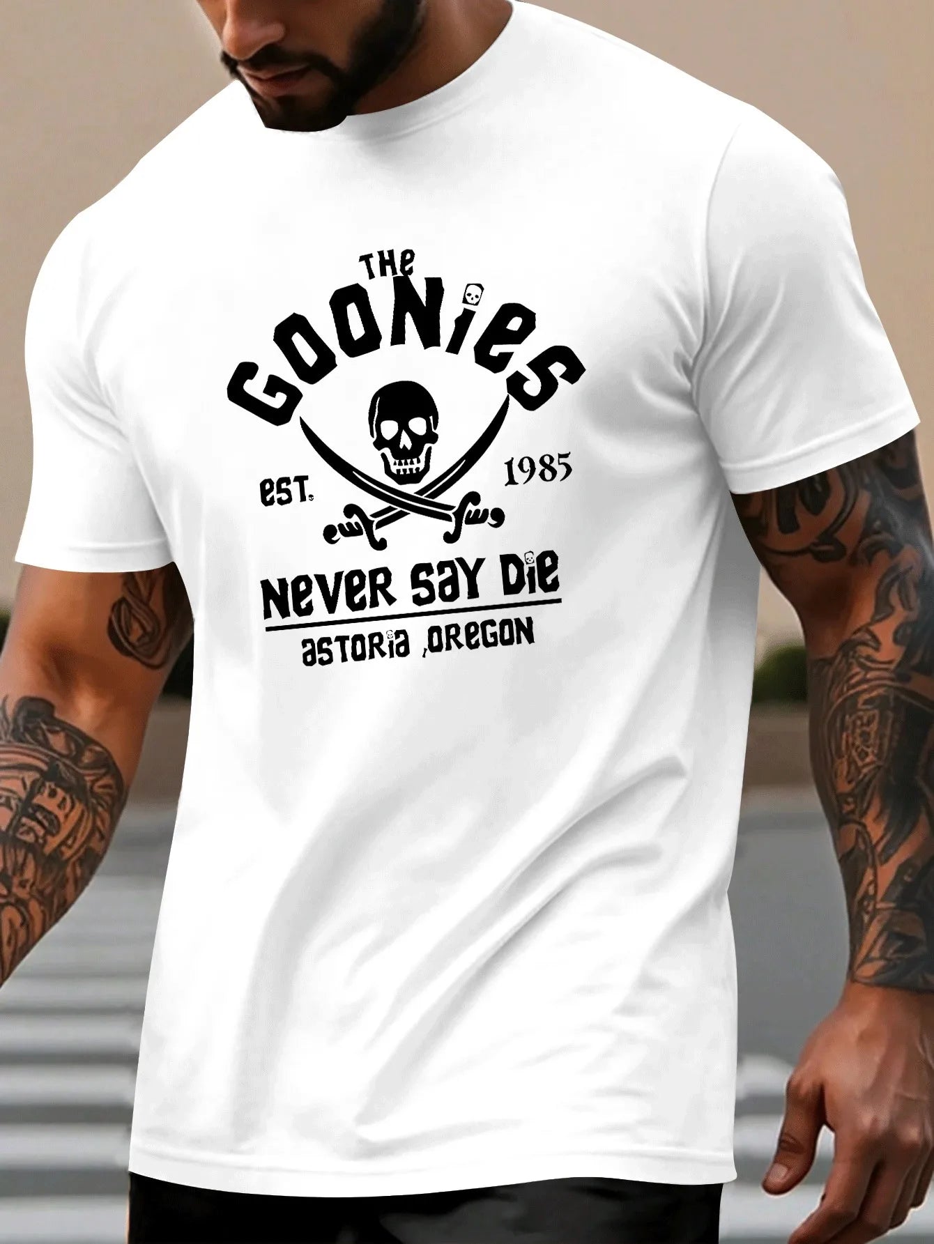 Men's summer 100% pure cotton fashionable casual loose goonies graphic printed round neck short sleeved T-shirt top