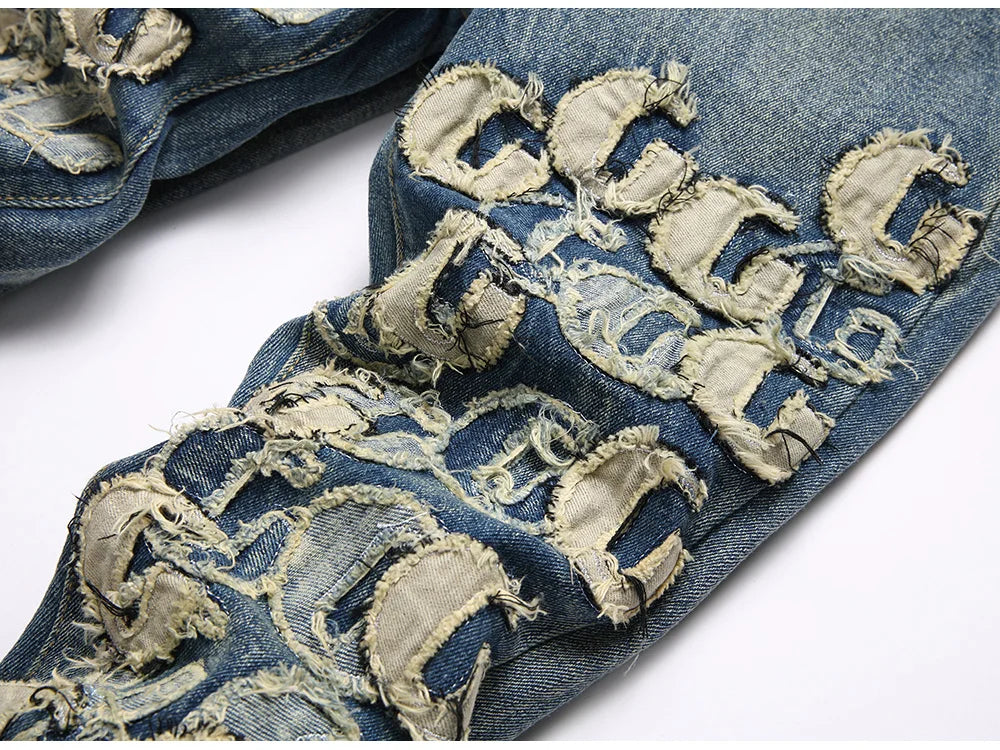 Men Letters Patch Embroidery Denim Jeans Streetwear Release Hem Distressed Pants Retro Vintage Blue Slim But Cut Flared Trousers