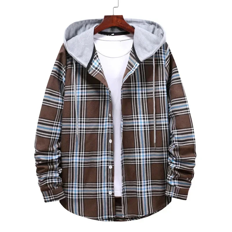 New 2026 Men's Plaid Hooded Shirts Loose Casual Men Jacket Shirt Comfortable Long Sleeve Sport Hooded Coats Men's Daily Clothing