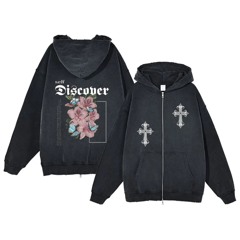 Y2K Zip Up Hoodie for Men Cross Print Loose Long Sleeve Pullover Women Retro Harajuku Sweatshirts Oversized Goth Hip Hop Jacket