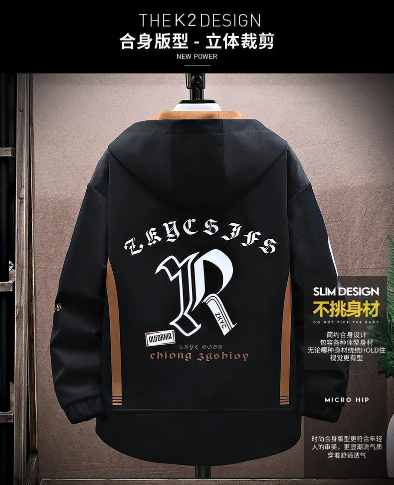 Men's Casual Hooded Jackets Autumn Patchwork Thin Coats Outwear Top Windbreaker Streetwear Clothing Plus Size