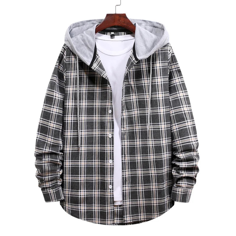 New 2026 Men's Plaid Hooded Shirts Loose Casual Men Jacket Shirt Comfortable Long Sleeve Sport Hooded Coats Men's Daily Clothing