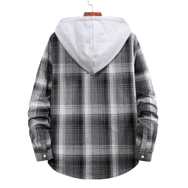 New 2026 Men's Plaid Hooded Shirts Loose Casual Men Jacket Shirt Comfortable Long Sleeve Sport Hooded Coats Men's Daily Clothing