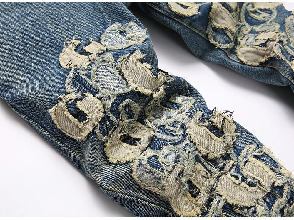 Men Letters Patch Embroidery Denim Jeans Streetwear Release Hem Distressed Pants Retro Vintage Blue Slim But Cut Flared Trousers