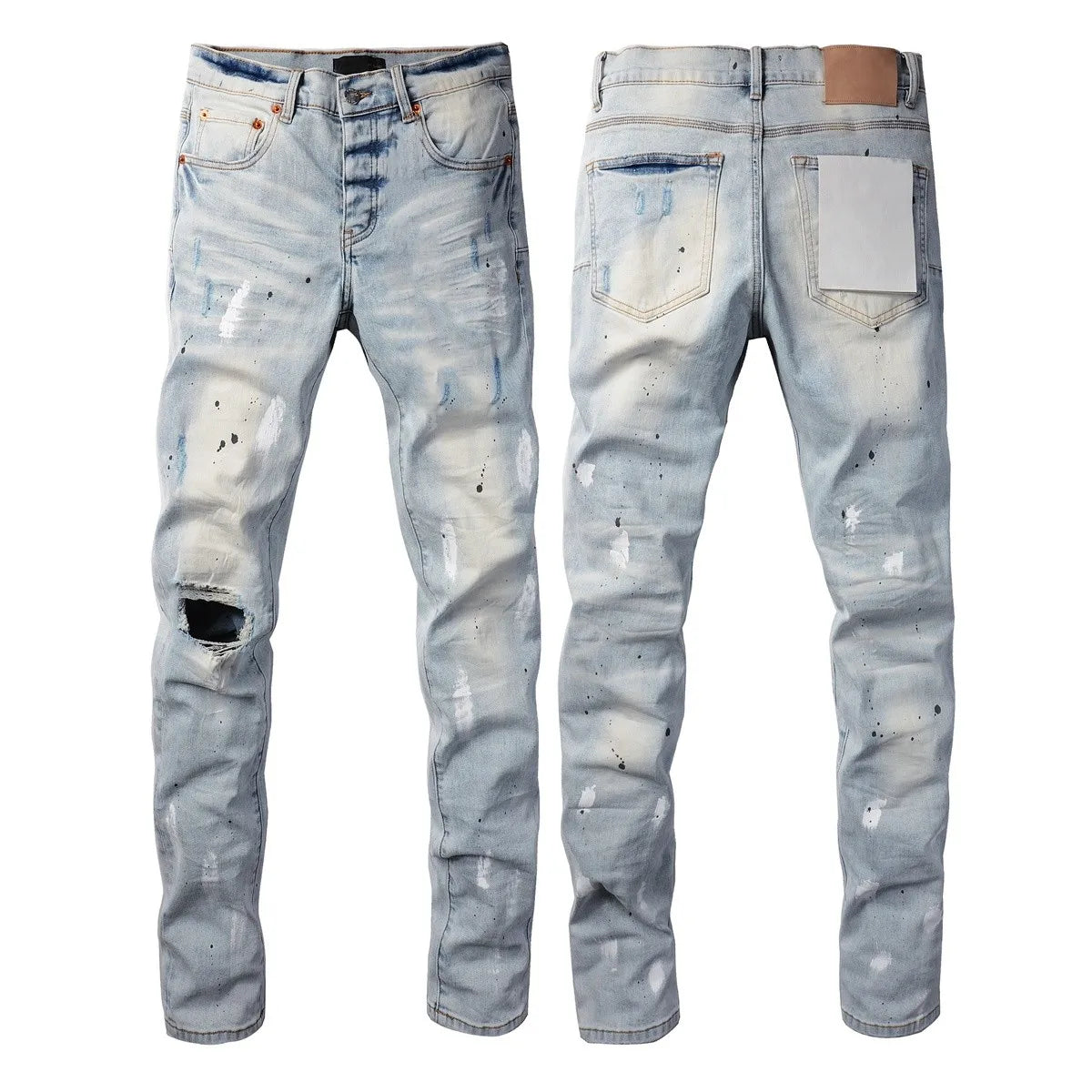 New Fashion Jeans Men High Street Black Splashing ink graffiti Distressed Hole Stretch Skinny Button Fly Ripped Jeans Brand