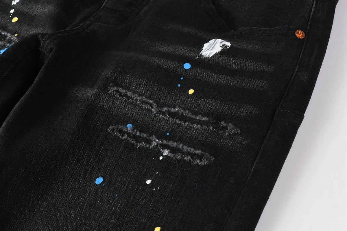 New Fashion Jeans Men High Street Black Splashing ink graffiti Distressed Hole Stretch Skinny Button Fly Ripped Jeans Brand