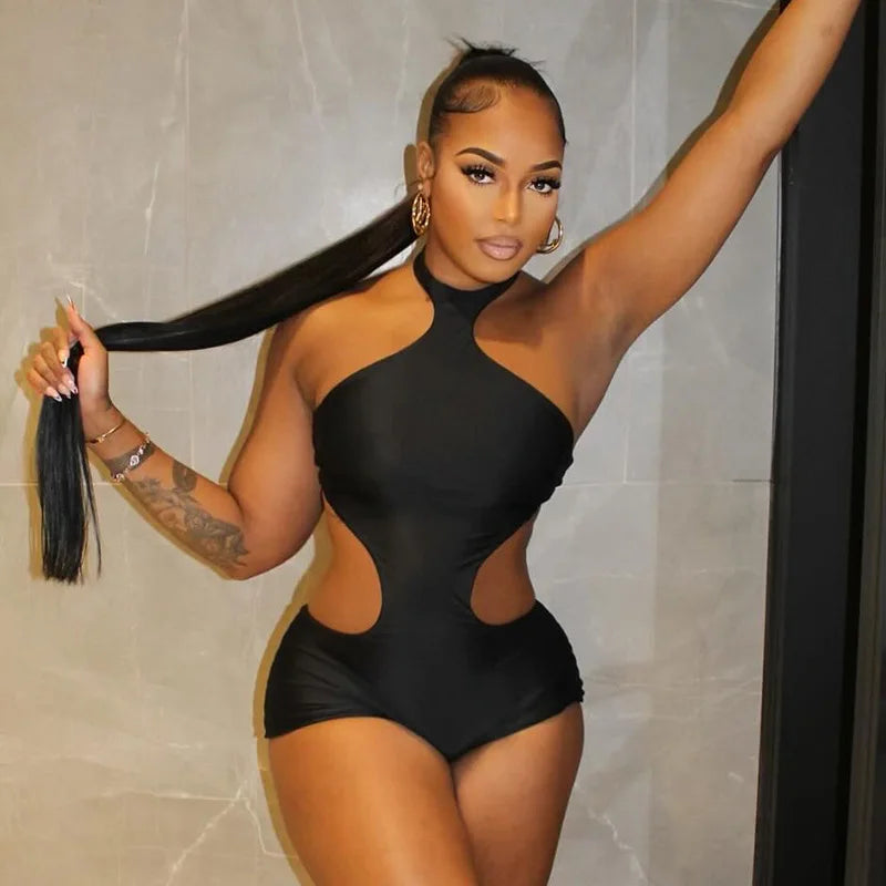 Sleeveless Cutout Romper Women Brown Halter Neck Y2K Sexy Bodycon Short Jumpsuit 2026