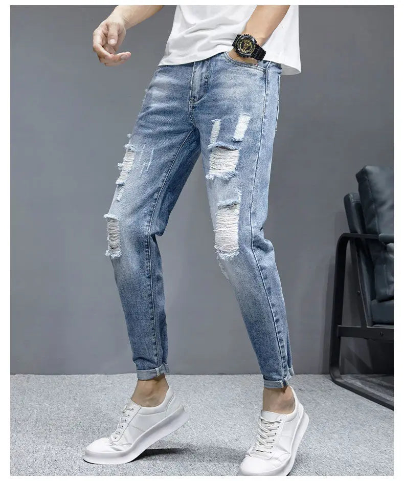 New Fashion Stylish Cowboy Men's Slim Casual Jeans with Ripped Distressed Holes Summer Streetwear Denim Broken Hole Pants Male