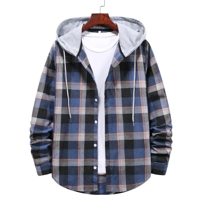 New 2026 Men's Plaid Hooded Shirts Loose Casual Men Jacket Shirt Comfortable Long Sleeve Sport Hooded Coats Men's Daily Clothing