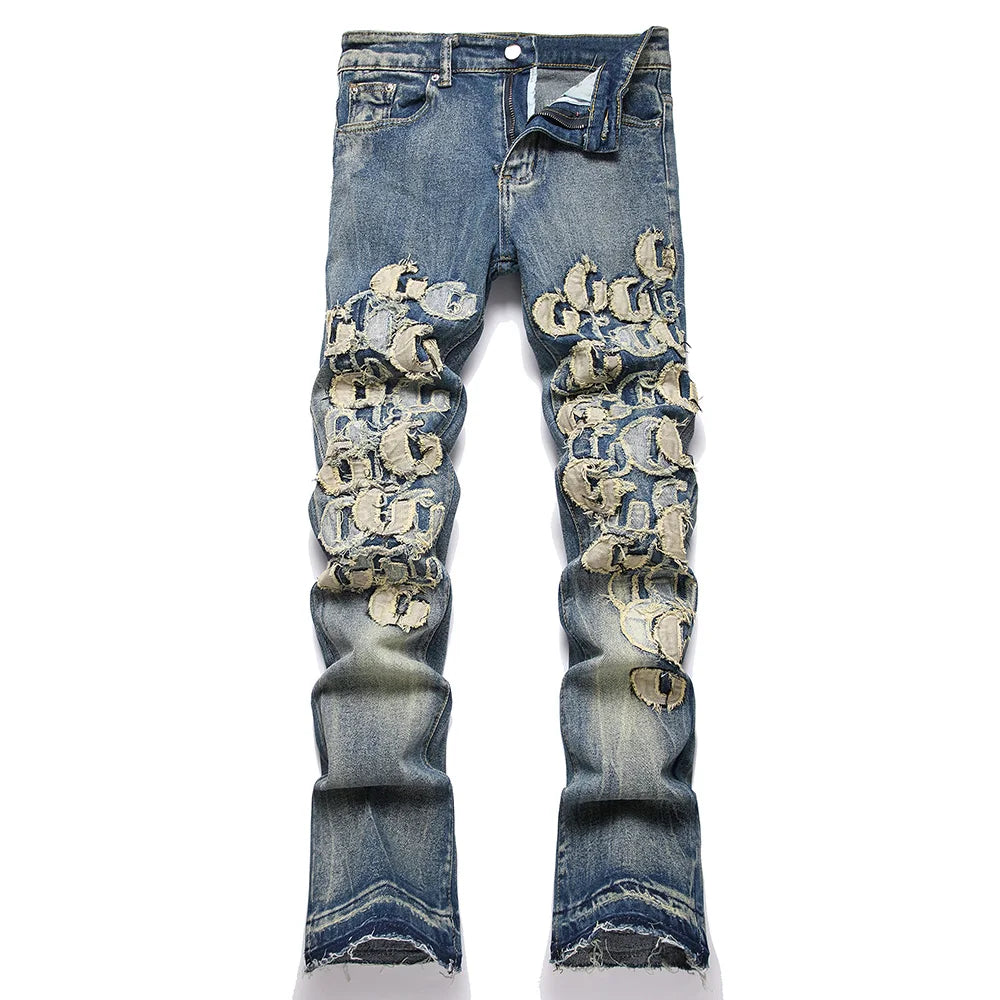 Men Letters Patch Embroidery Denim Jeans Streetwear Release Hem Distressed Pants Retro Vintage Blue Slim But Cut Flared Trousers
