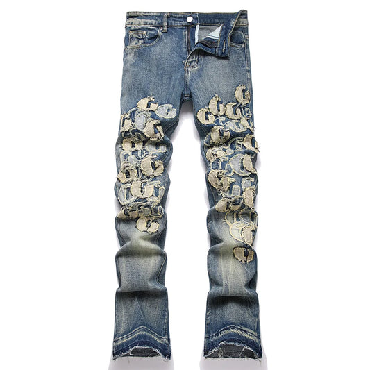 Men Letters Patch Embroidery Denim Jeans Streetwear Release Hem Distressed Pants Retro Vintage Blue Slim But Cut Flared Trousers