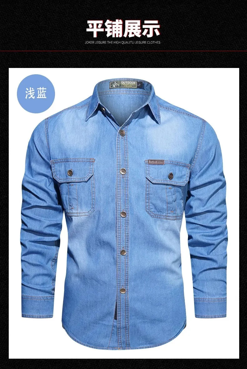 New Men's Outdoor Tooling Shirts Multi-pocket Design Men Long Sleeve Denim Shirt High Quality 100%Cotton Casual Shirt Coats Male