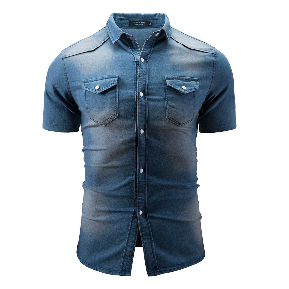 New Men's Fashion Short Sleeve Denim Shirt Soft Solid Color Slim Fit Cowboy Top for Men