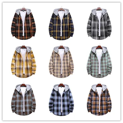 New 2026 Men's Plaid Hooded Shirts Loose Casual Men Jacket Shirt Comfortable Long Sleeve Sport Hooded Coats Men's Daily Clothing