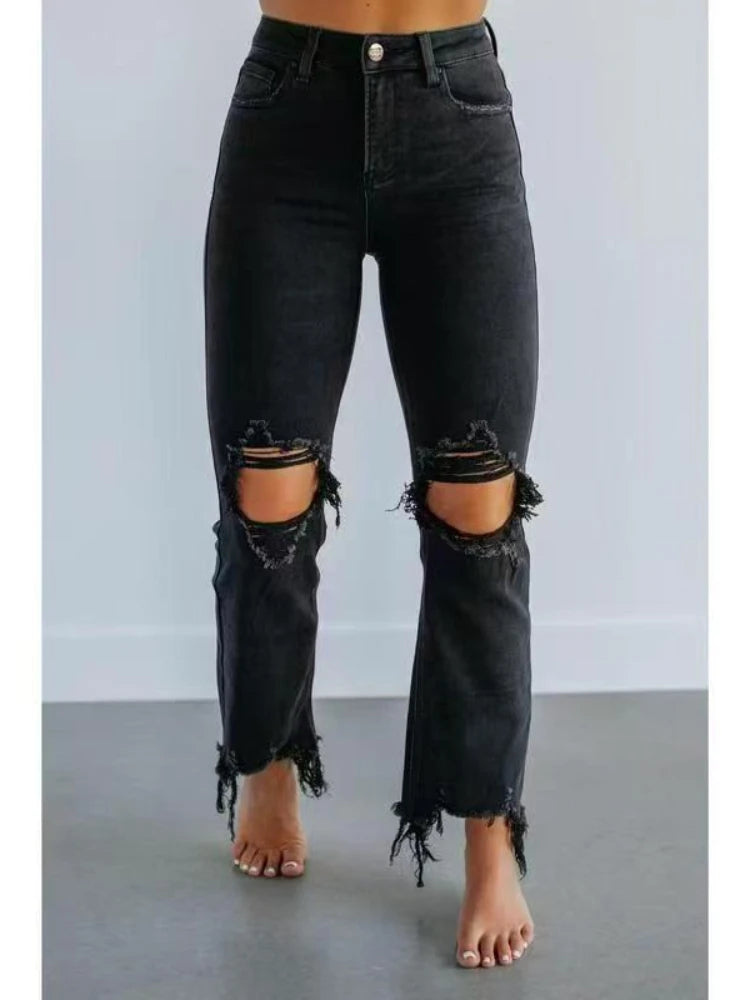 Denim Pant Women Jeans Long Pants Hole Slim High Waist Straight Trousers Y2k Streetwear Elegant Splice Bodycon Mom Jeans 2025