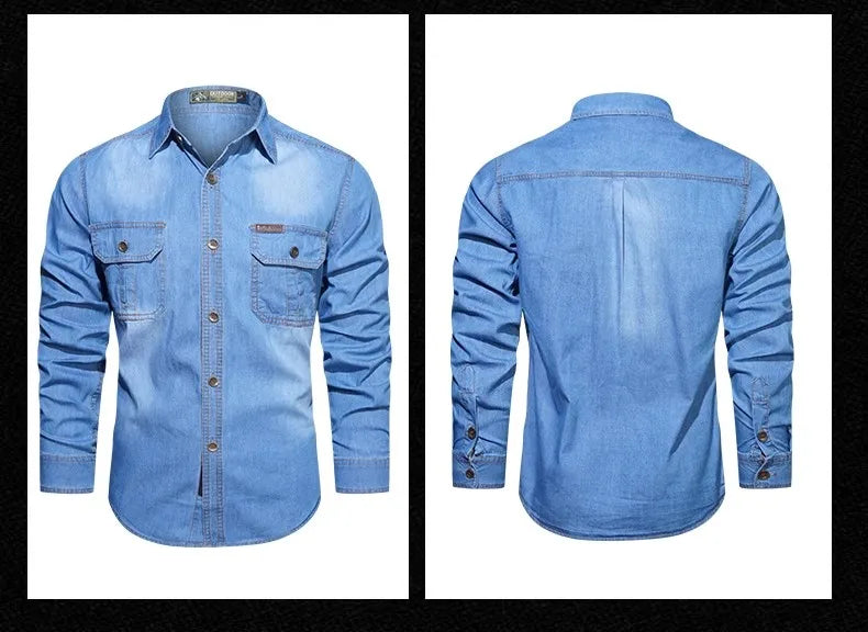 New Men's Outdoor Tooling Shirts Multi-pocket Design Men Long Sleeve Denim Shirt High Quality 100%Cotton Casual Shirt Coats Male