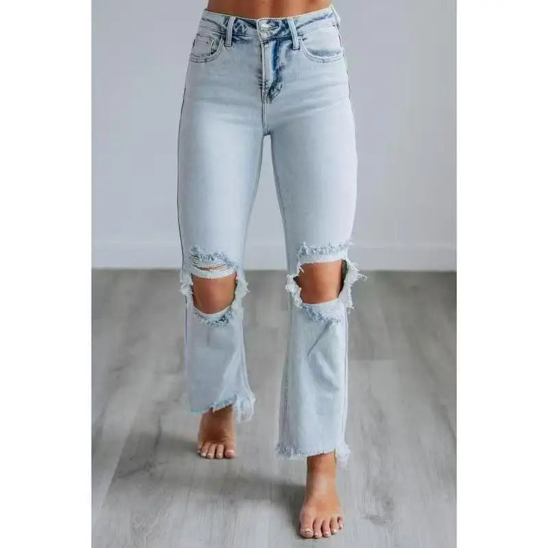 Denim Pant Women Jeans Long Pants Hole Slim High Waist Straight Trousers Y2k Streetwear Elegant Splice Bodycon Mom Jeans 2025