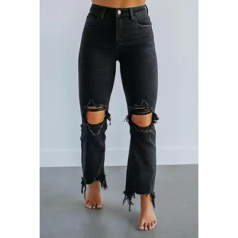 Denim Pant Women Jeans Long Pants Hole Slim High Waist Straight Trousers Y2k Streetwear Elegant Splice Bodycon Mom Jeans 2025