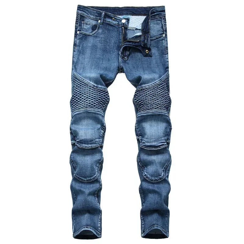New Men's Patchwork Vintage Biker Jeans Hip Hop Slim Straight Elastic Cycling Denim Pants Male Fashion Streetwear Trouser